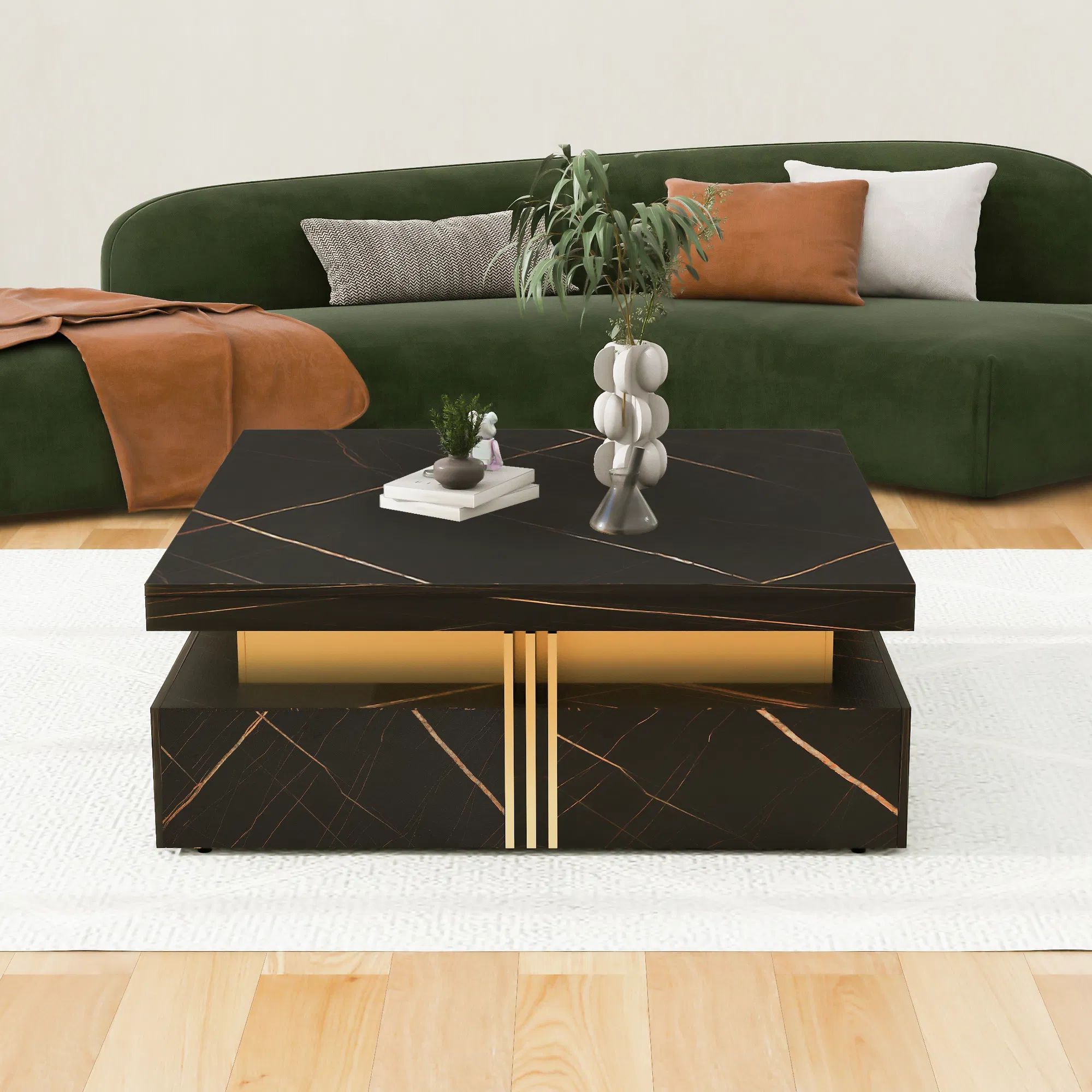 Modern Square Coffee Table with 4 Drawers, 43" — black finish dimension diagram