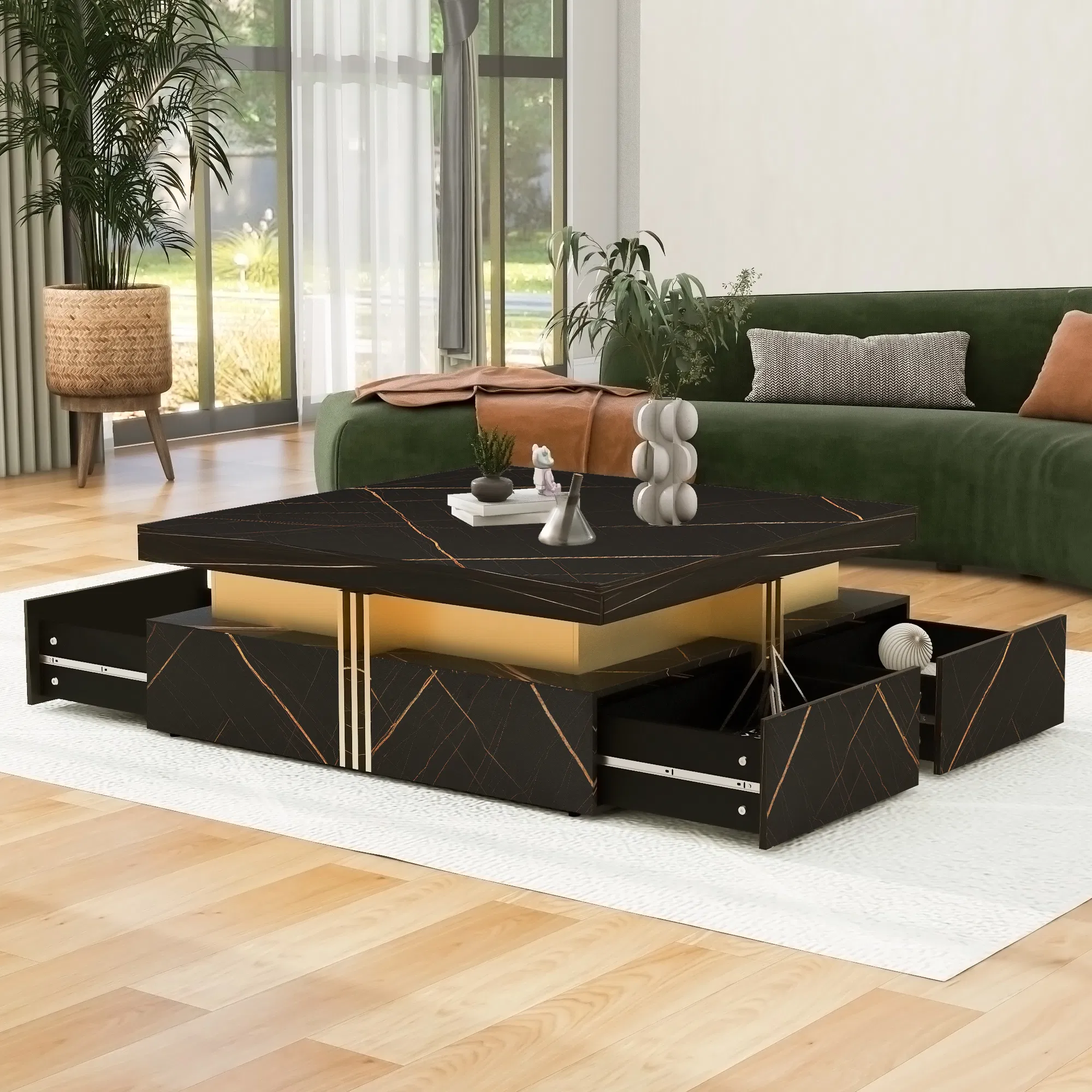 Modern Square Coffee Table with 4 Drawers, 43" — black finish isolated on white