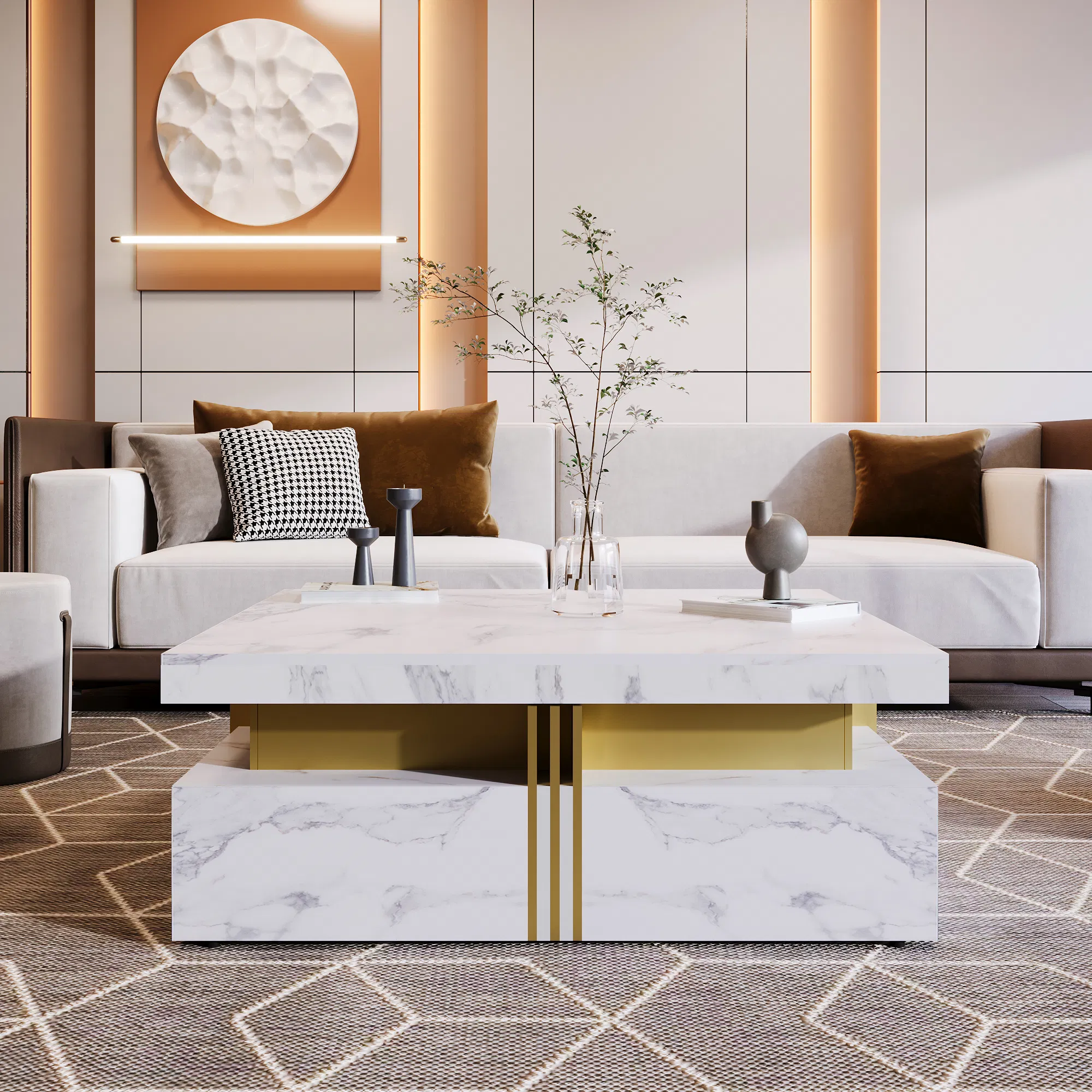 Modern Square Coffee Table with 4 Drawers, 43" — white marble-look finish styled in a living room