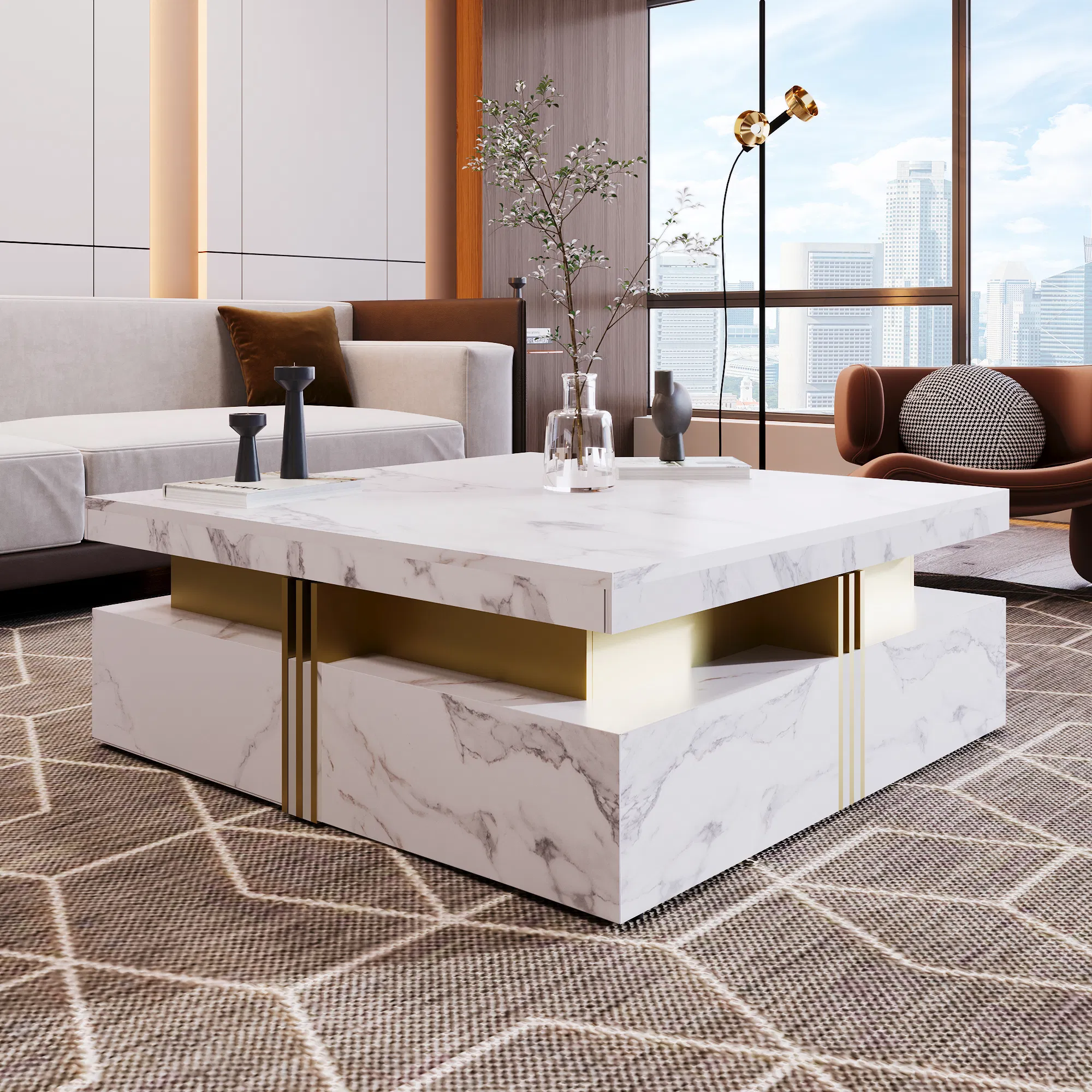 Modern Square Coffee Table with 4 Drawers, 43" — white finish with gold-tone drawer accents