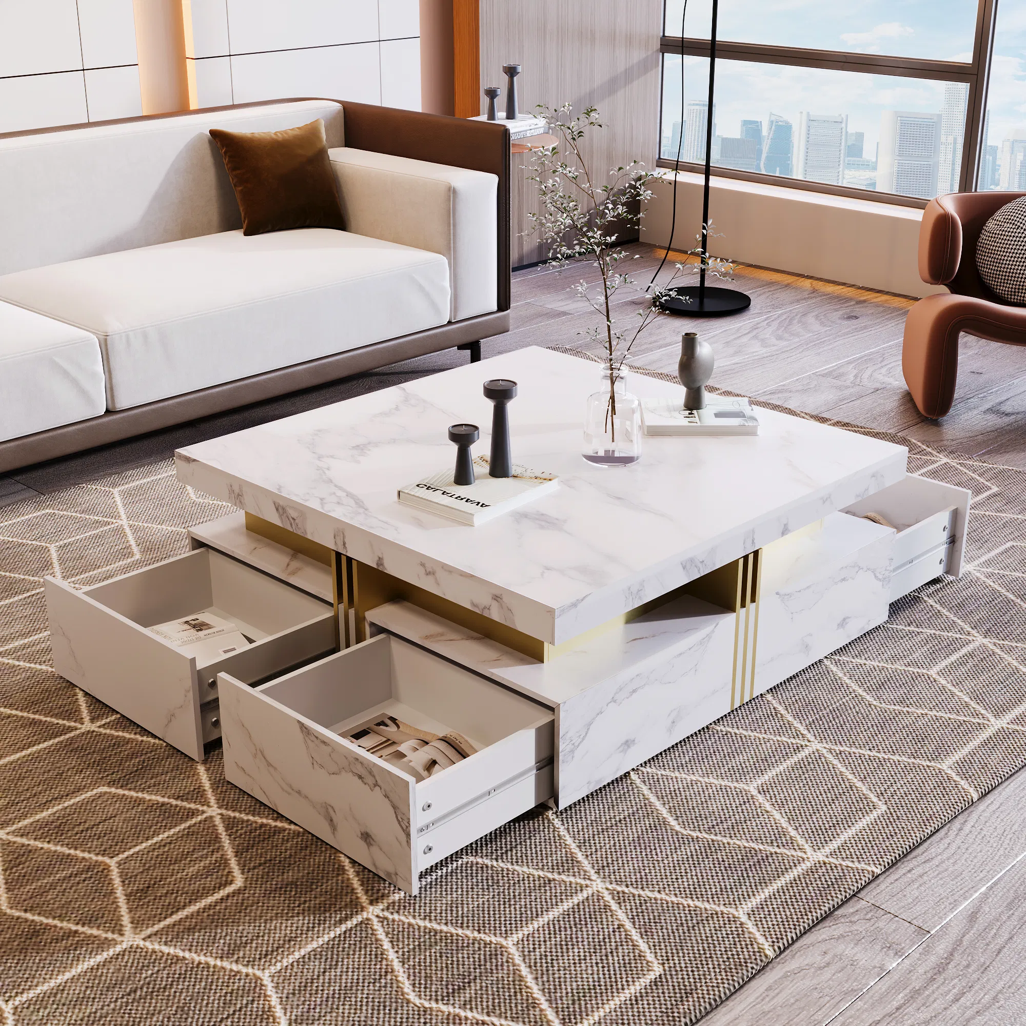 Modern Square Coffee Table with 4 Drawers, 43" — white finish front angle with drawers closed
