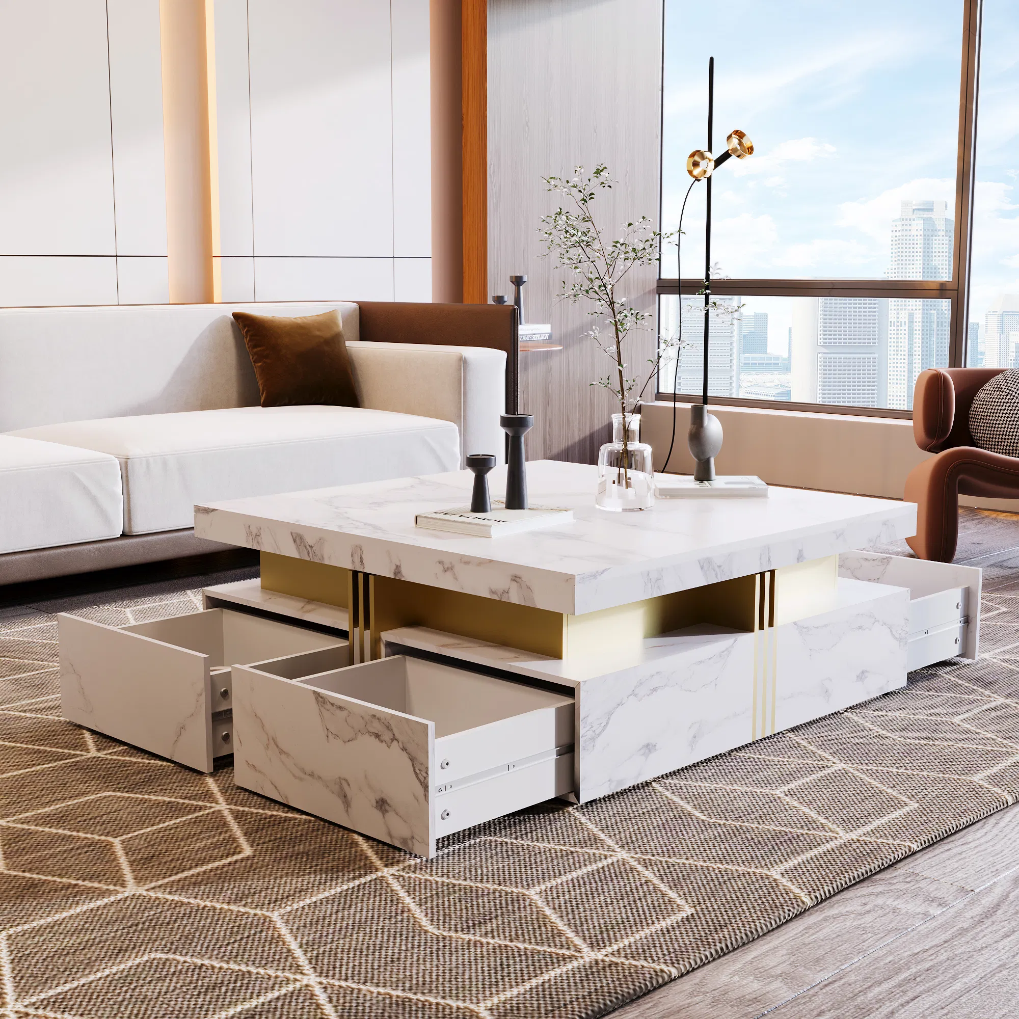 Modern Square Coffee Table with 4 Drawers, 43" — white finish drawer open to show storage