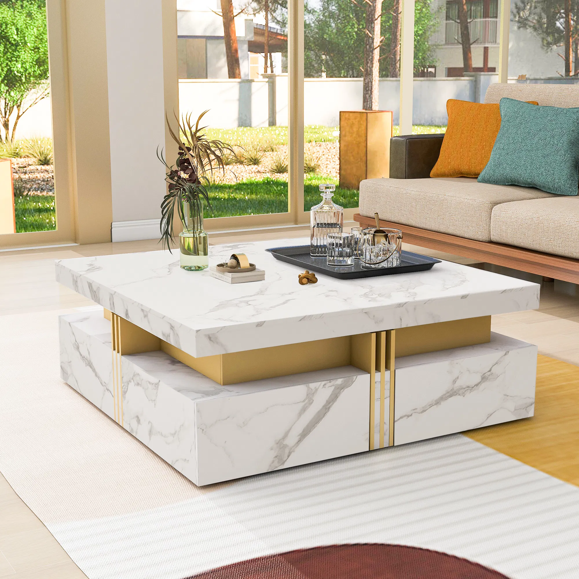 Modern Square Coffee Table with 4 Drawers, 43" — white finish top and pedestal detail