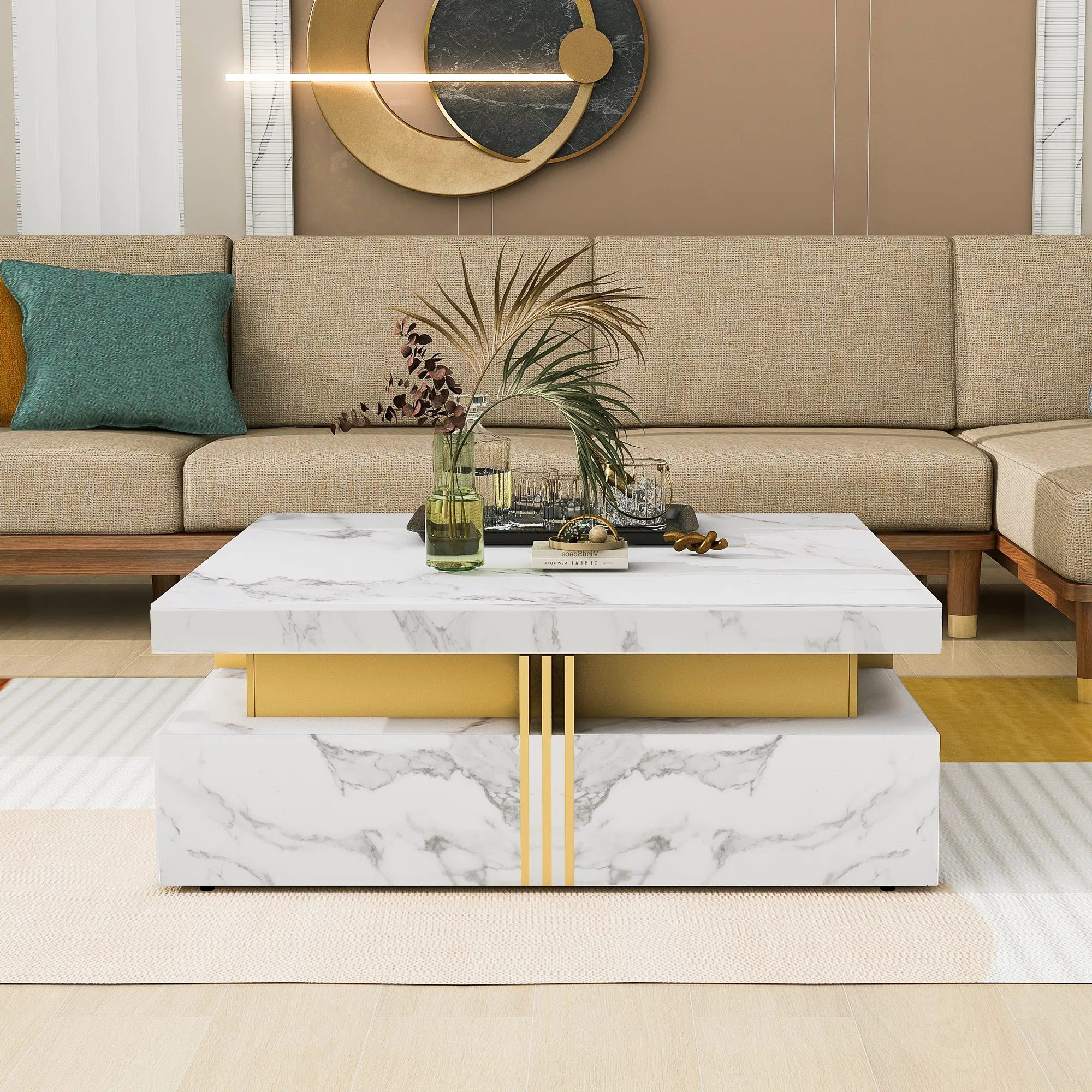 Modern Square Coffee Table with 4 Drawers, 43" — white finish dimension diagram