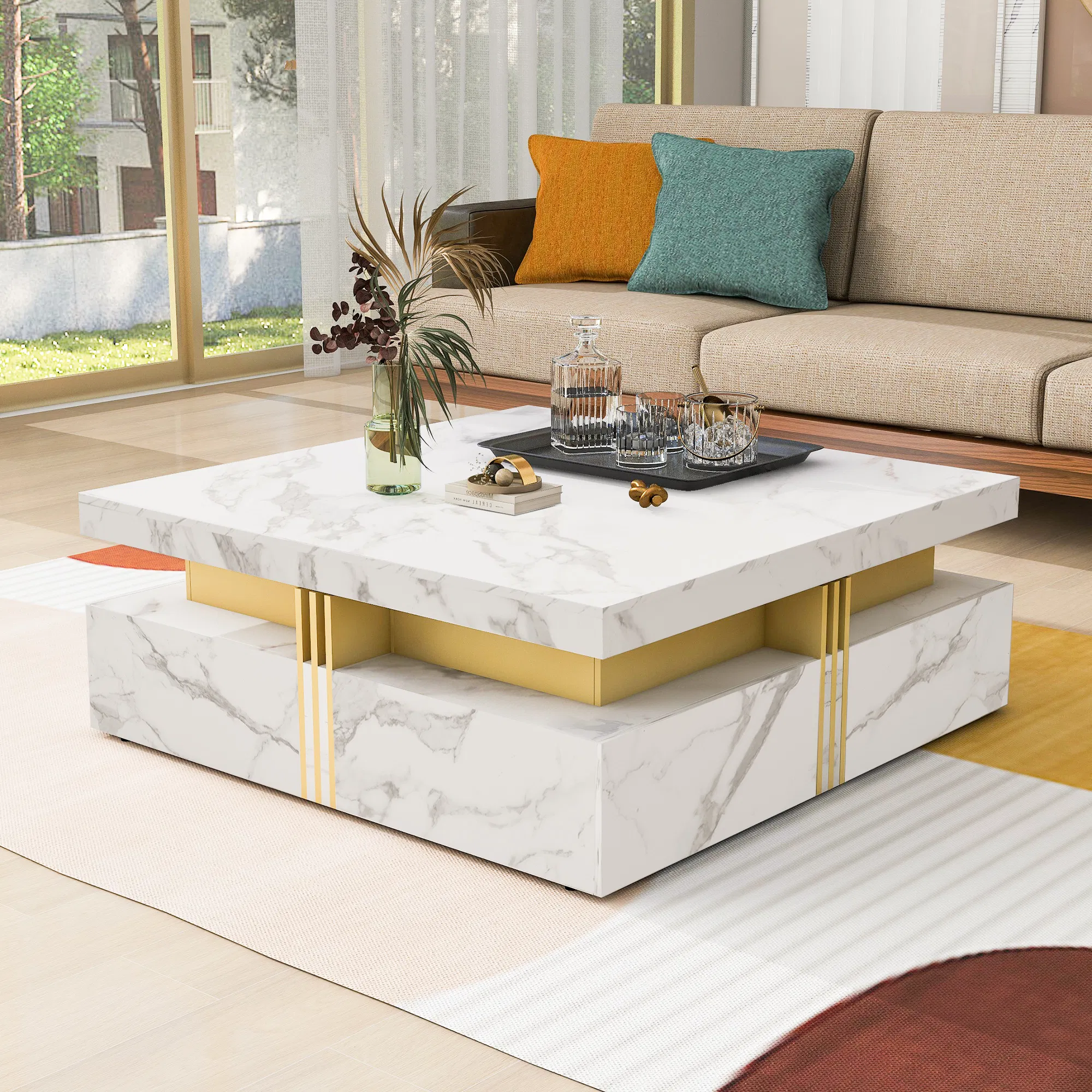 Modern Square Coffee Table with 4 Drawers, 43" — white finish isolated on white
