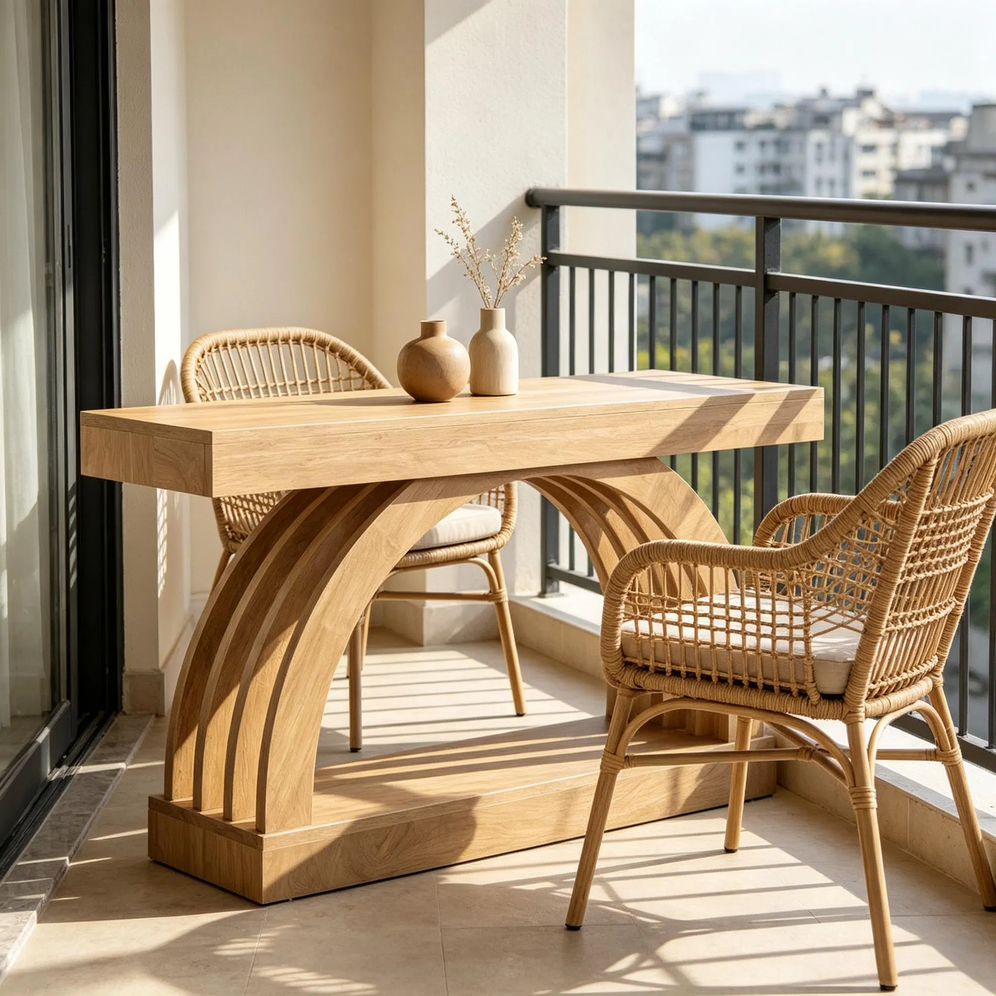 Natural Arched Console Table, 63" — styled on a covered balcony
