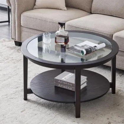 Round Black Wood Coffee Table with Glass Top, 36" — styled in a contemporary living room