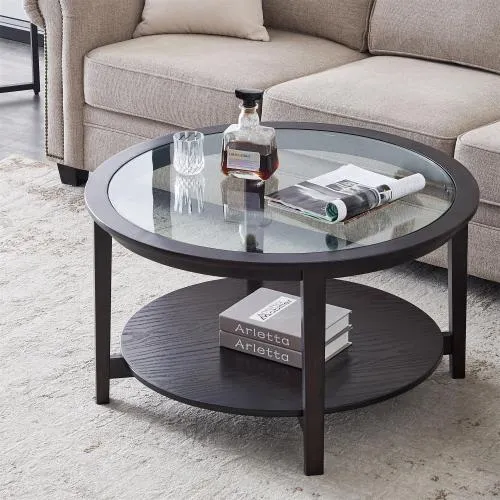 Round Black Wood Coffee Table with Glass Top, 36" — styled in a contemporary living room