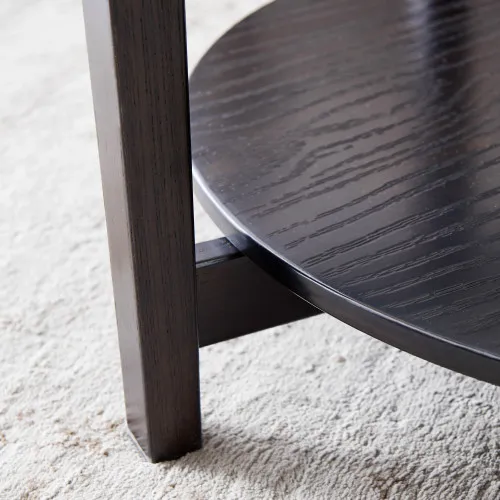 Round Black Wood Coffee Table with Glass Top, 36" — front angle showing open lower storage shelf
