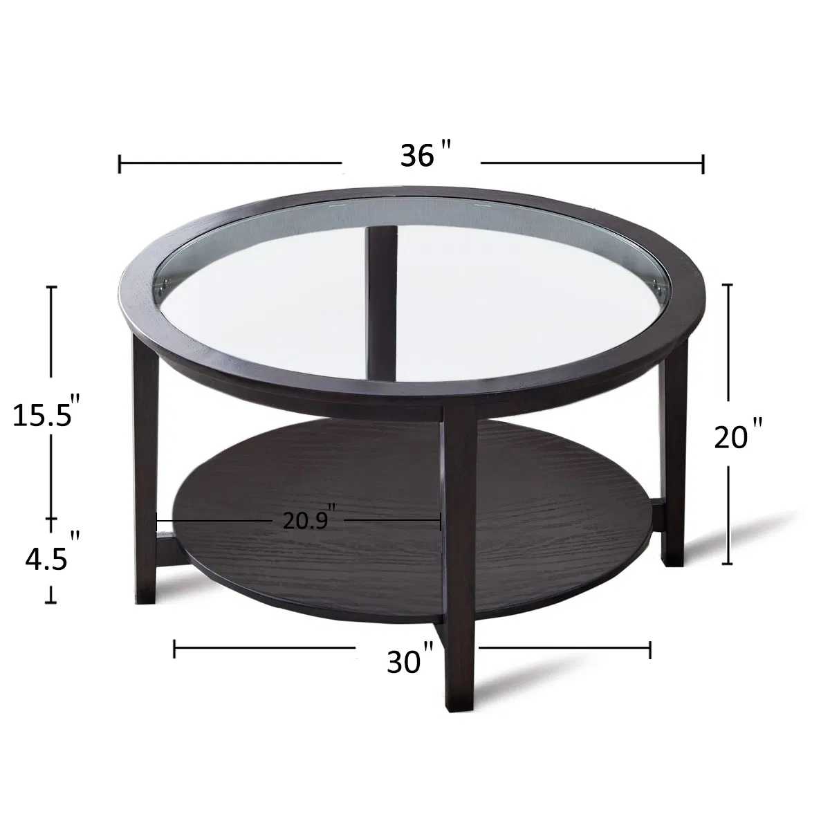 Round Black Wood Coffee Table with Glass Top, 36" — dimension diagram showing diameter height and shelf size