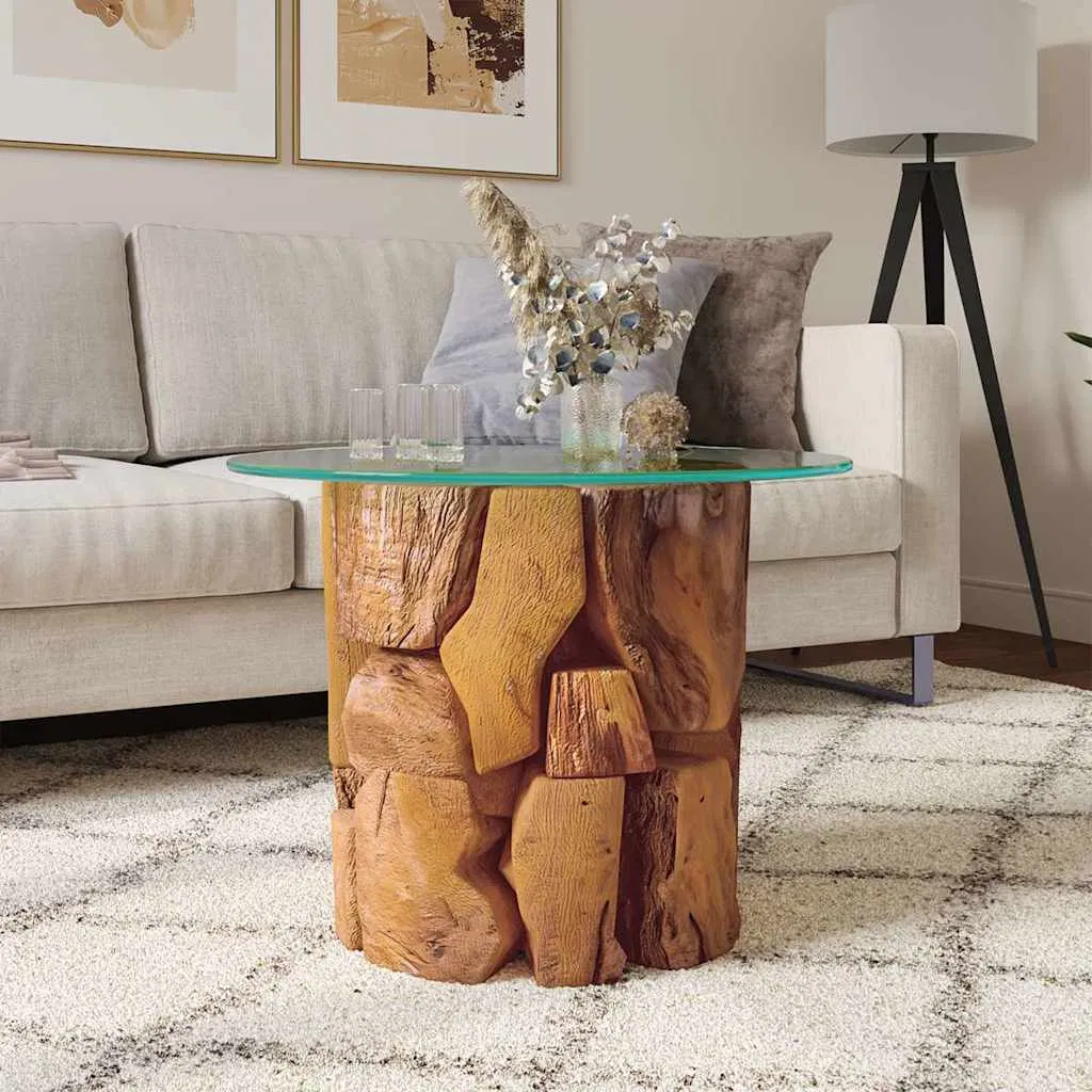 Round Teak Driftwood Coffee Table with Glass Top, 24" — styled in a bright living room beside a sofa