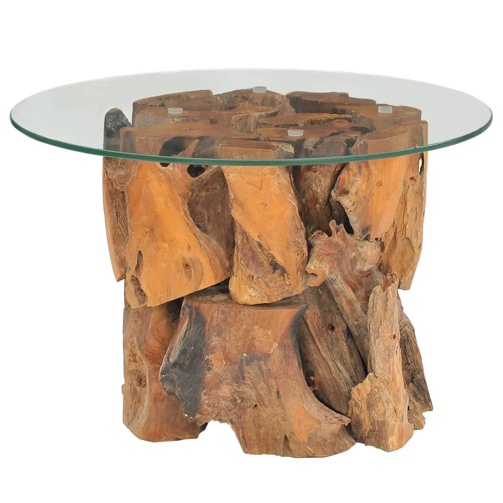 Round Teak Driftwood Coffee Table with Glass Top, 24" — angled view of the teak driftwood base