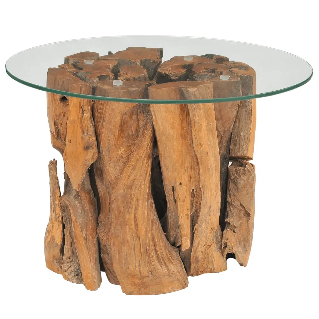 Round Teak Driftwood Coffee Table with Glass Top, 24" — top view of the round glass surface