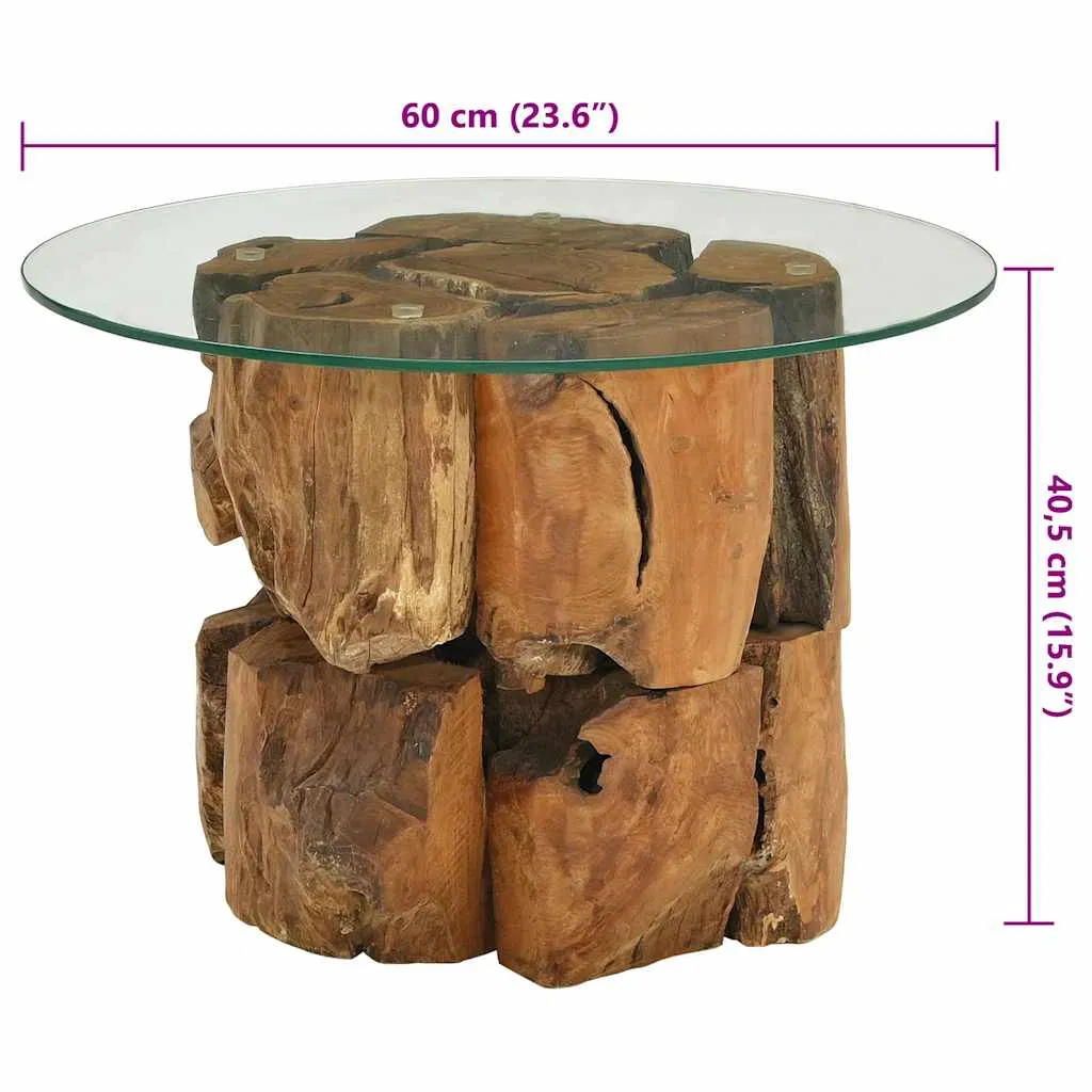 Round Teak Driftwood Coffee Table with Glass Top, 24" — close-up of tempered-glass tabletop and wood base