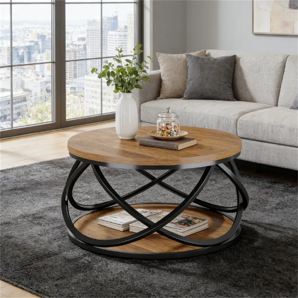 Round Two-Tier Coffee Table with Storage Shelf, 32" — styled in a warm modern living room