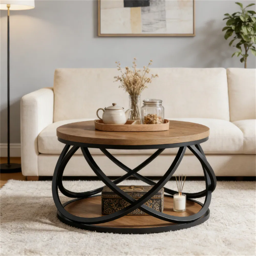 Round Two-Tier Coffee Table with Storage Shelf, 32" — styled beside a sectional sofa