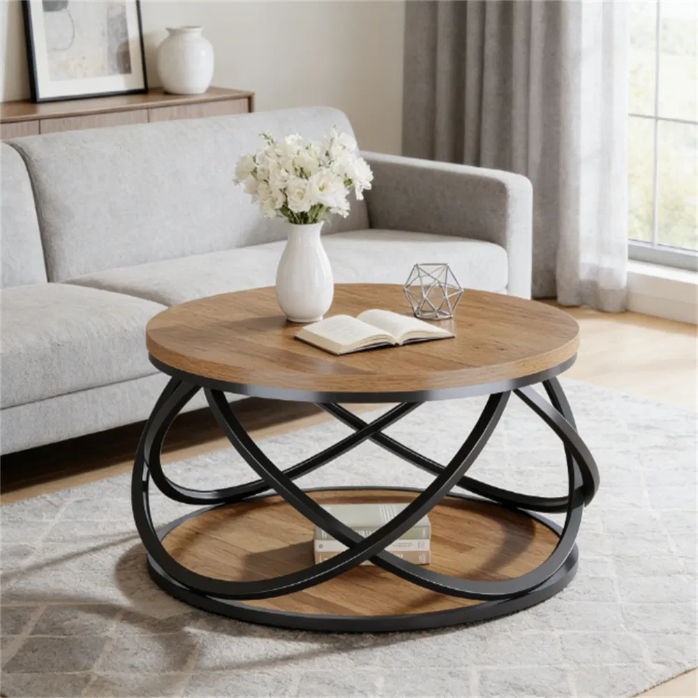 Round Two-Tier Coffee Table with Storage Shelf, 32" — front angle isolated on white