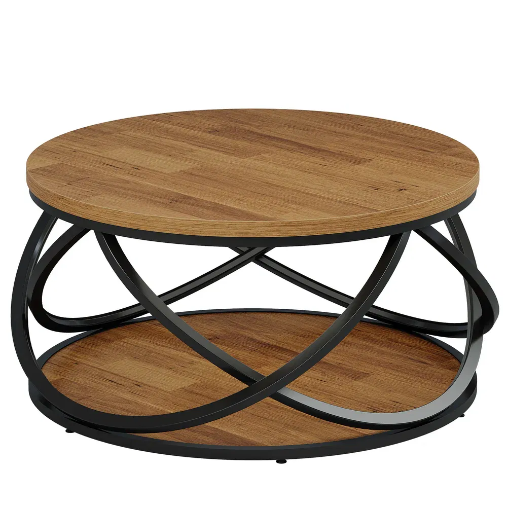 Round Two-Tier Coffee Table with Storage Shelf, 32" — top and lower storage shelf detail