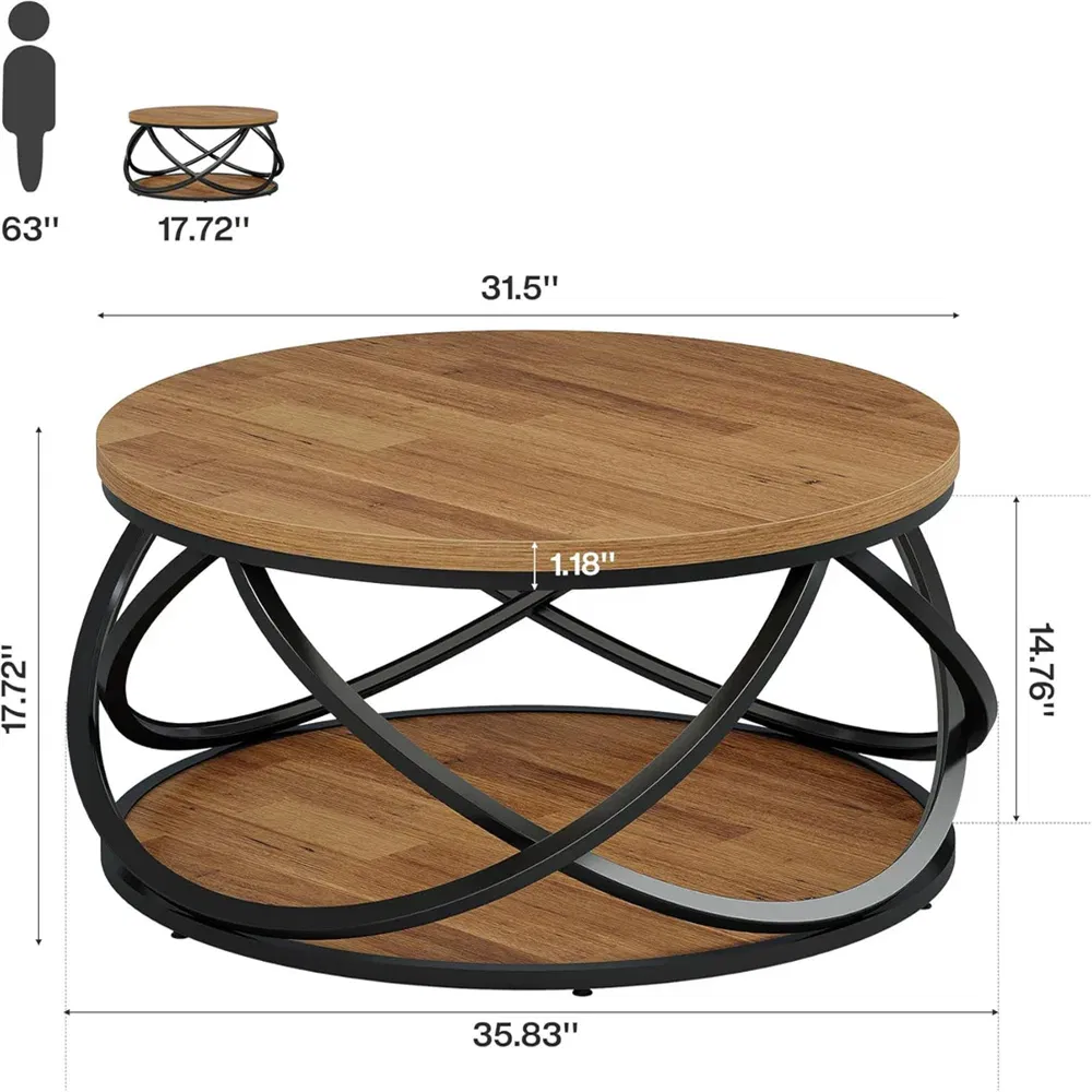 Round Two-Tier Coffee Table with Storage Shelf, 32" — dimension diagram for tabletop base and height