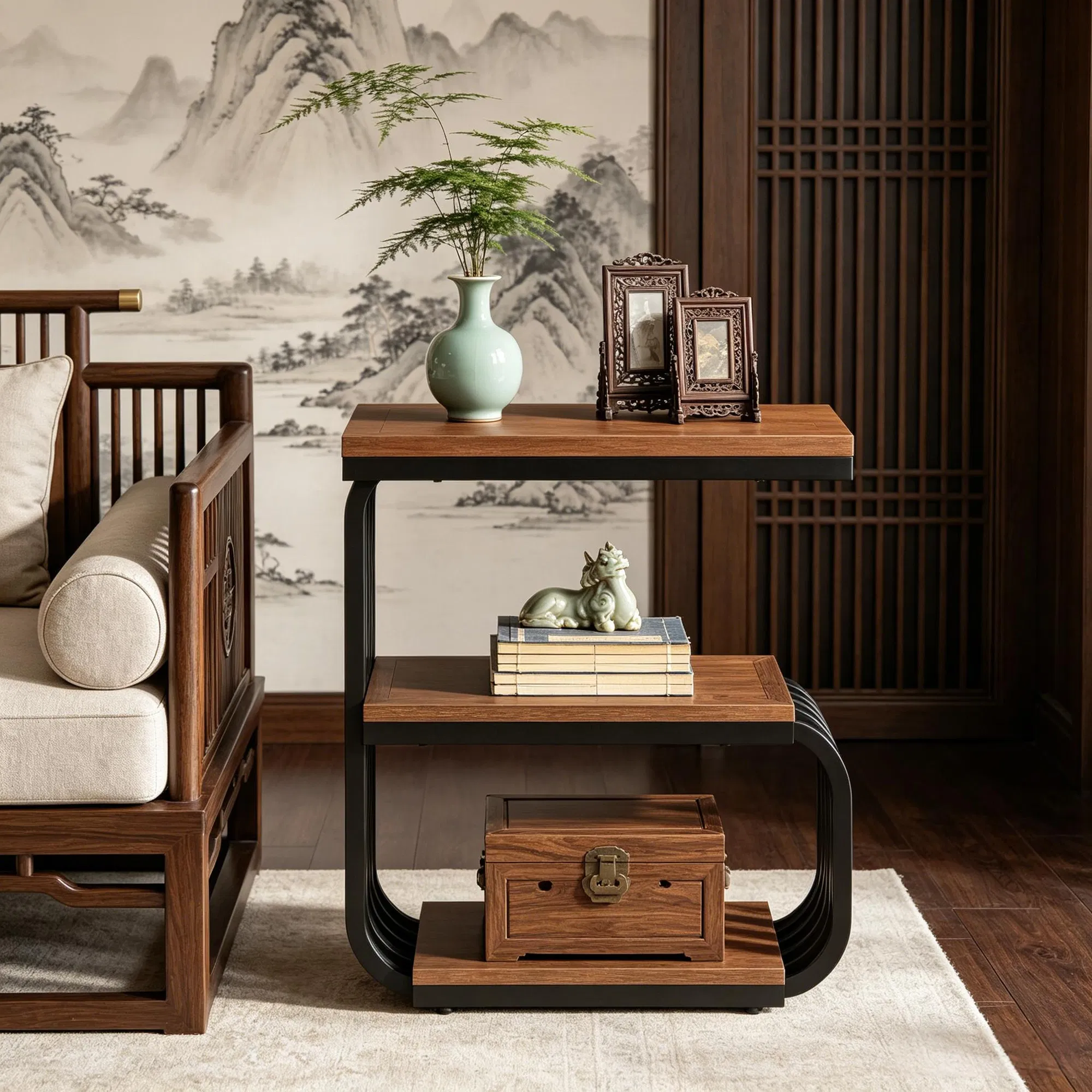 Rustic Brown 3-Tier Narrow End Table — beside a sofa with a lamp and books