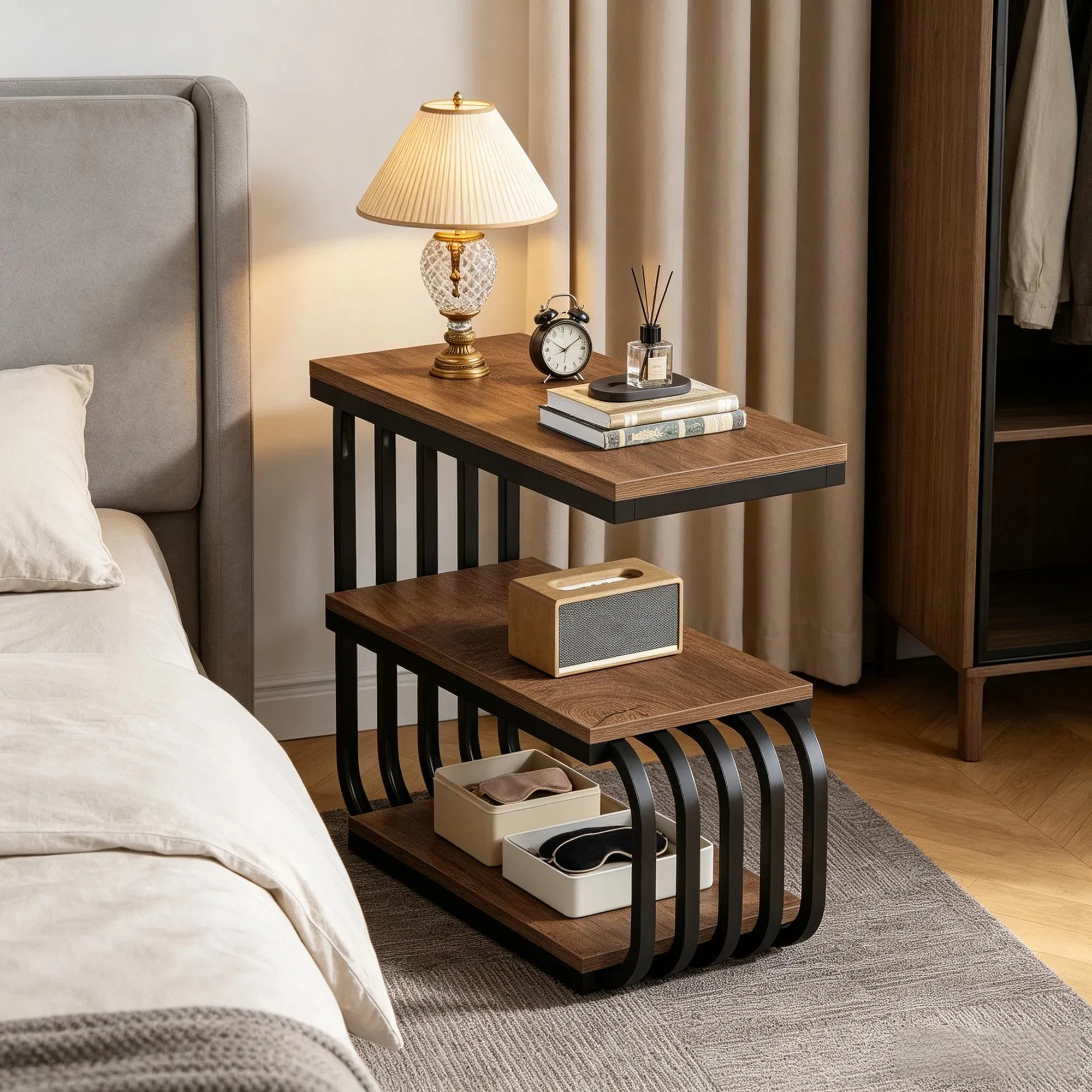 Rustic Brown 3-Tier Narrow End Table — used as a bedside nightstand