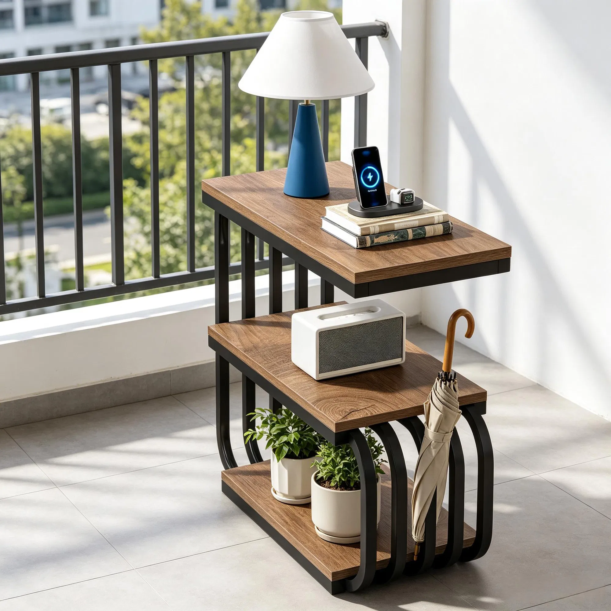 Rustic Brown 3-Tier Narrow End Table — beside a window with plants and decor