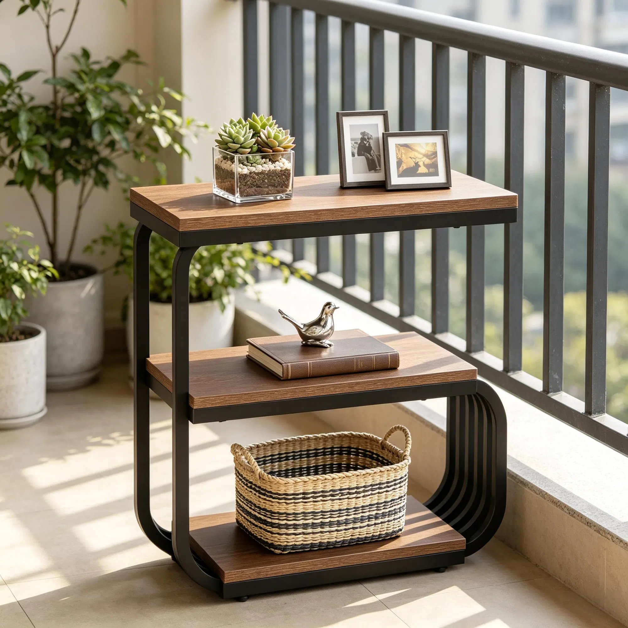 Rustic Brown 3-Tier Narrow End Table — styled on a balcony seating area