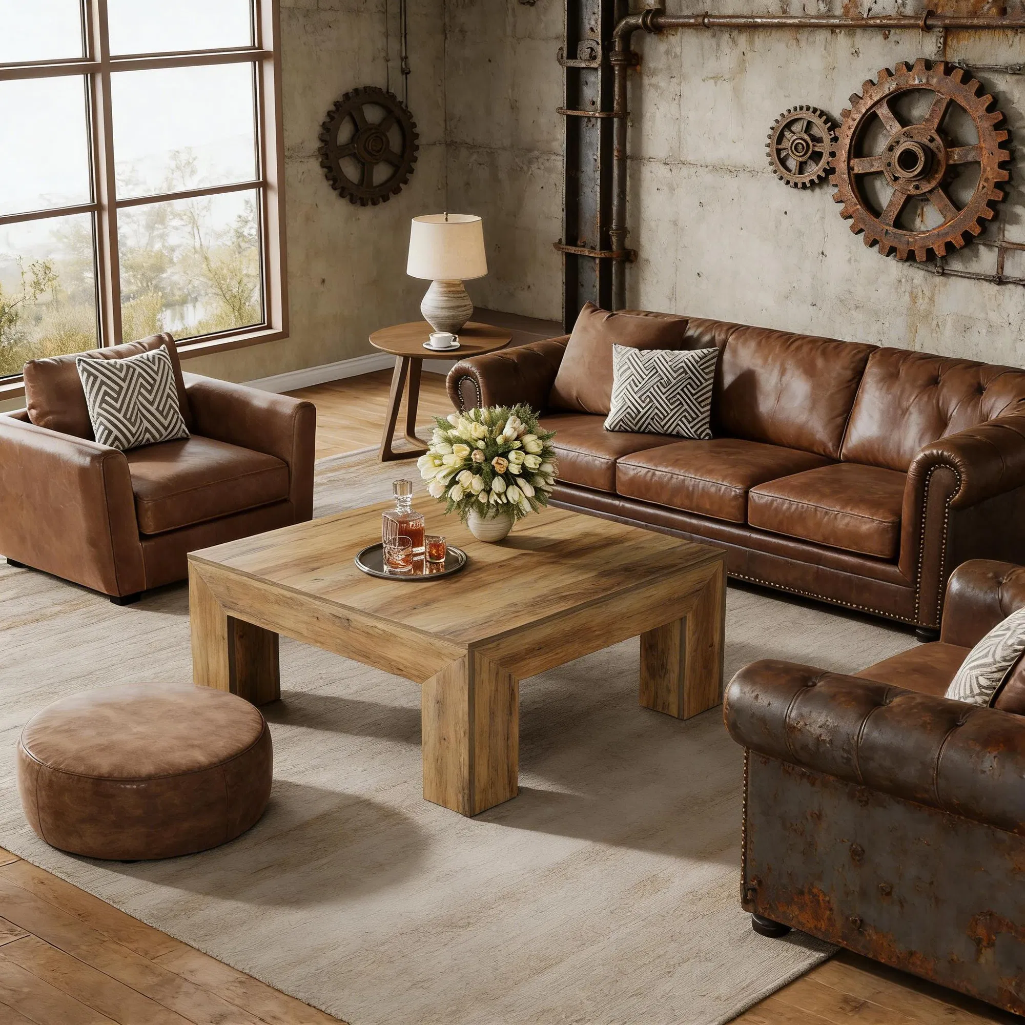 Square Farmhouse Coffee Table in Natural Wood, 39" — front lifestyle view with tabletop decor