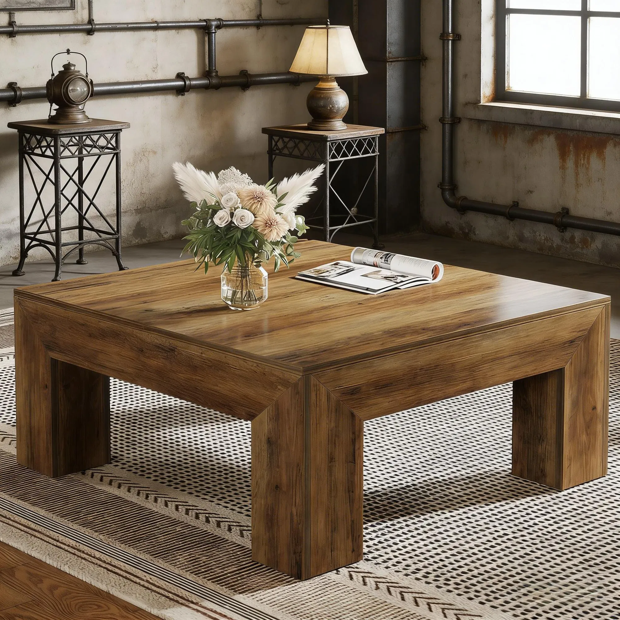 Square Farmhouse Coffee Table in Natural Wood, 39" — angled lifestyle view showing the square footprint