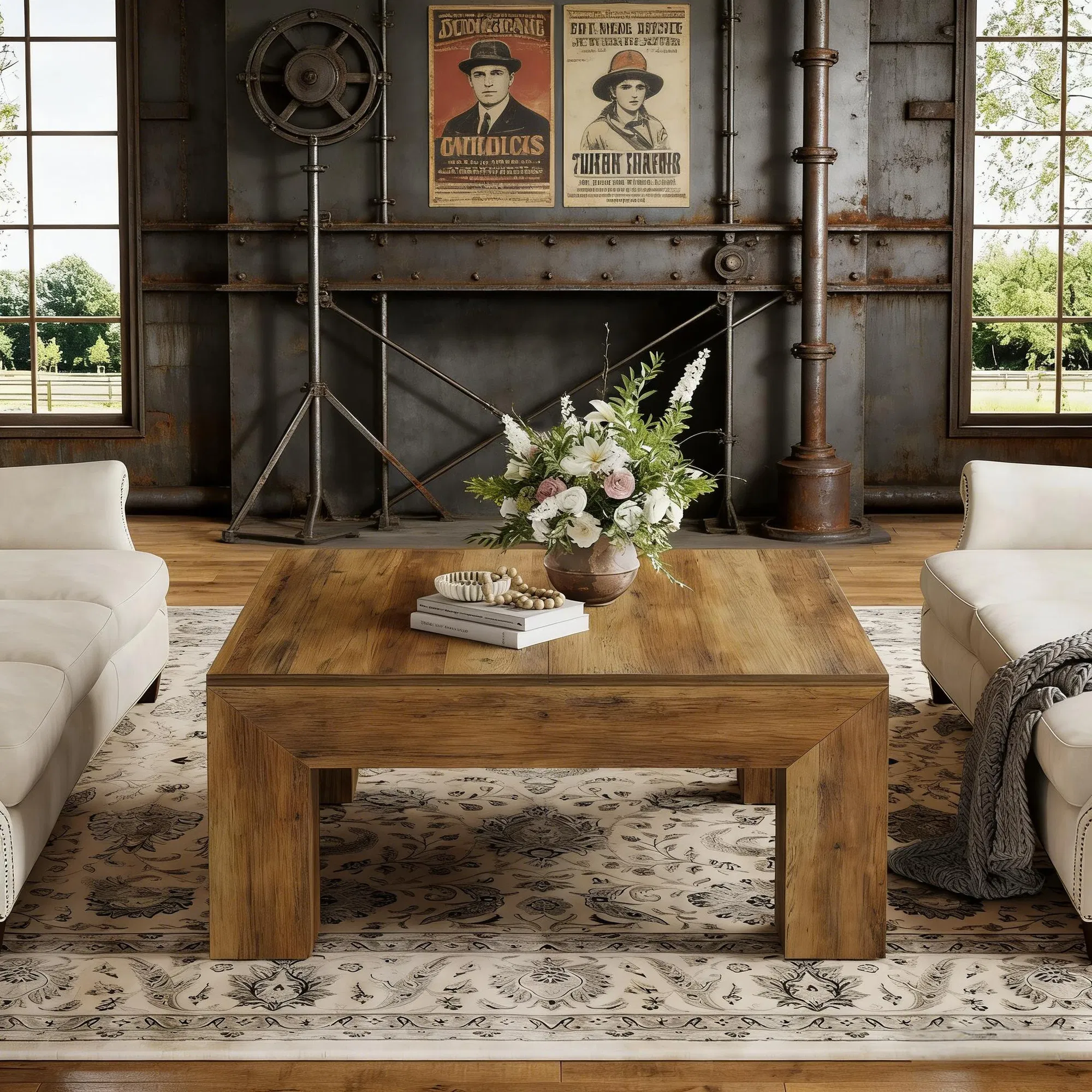 Square Farmhouse Coffee Table in Natural Wood, 39" — front angle isolated on white