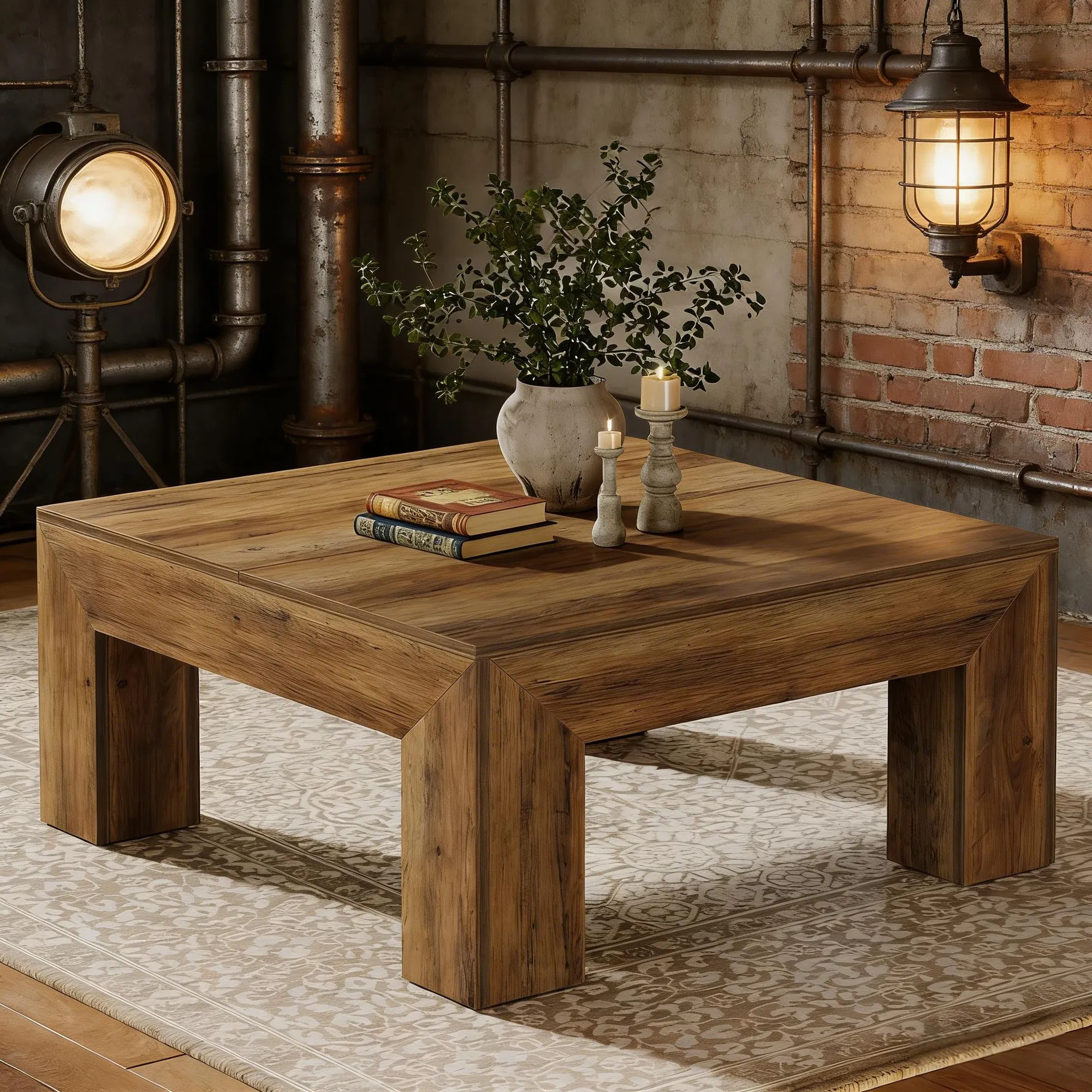 Square Farmhouse Coffee Table in Natural Wood, 39" — rear angle isolated on white