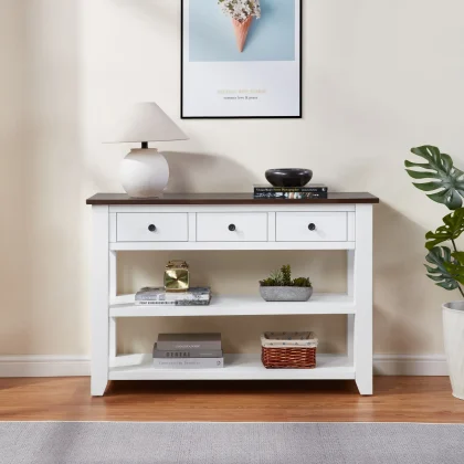 Two-Tone Console Table with Drawers and Shelves, 44" — styled in an entryway with baskets and flowers
