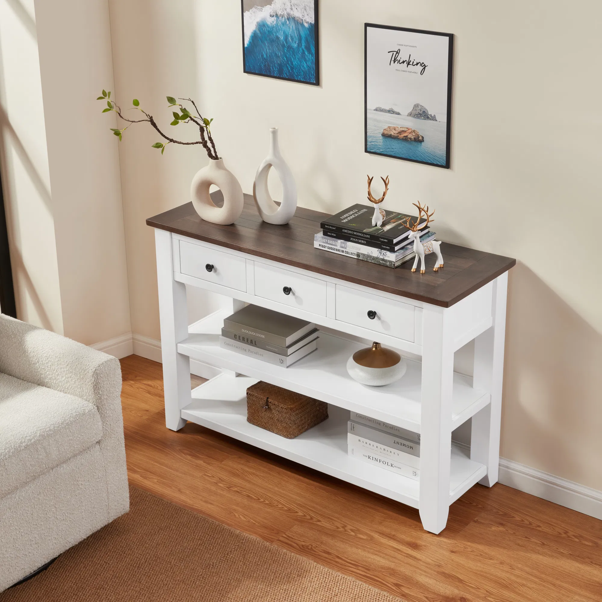 Two-Tone Console Table with Drawers and Shelves, 44" — angled entryway view with drawer storage
