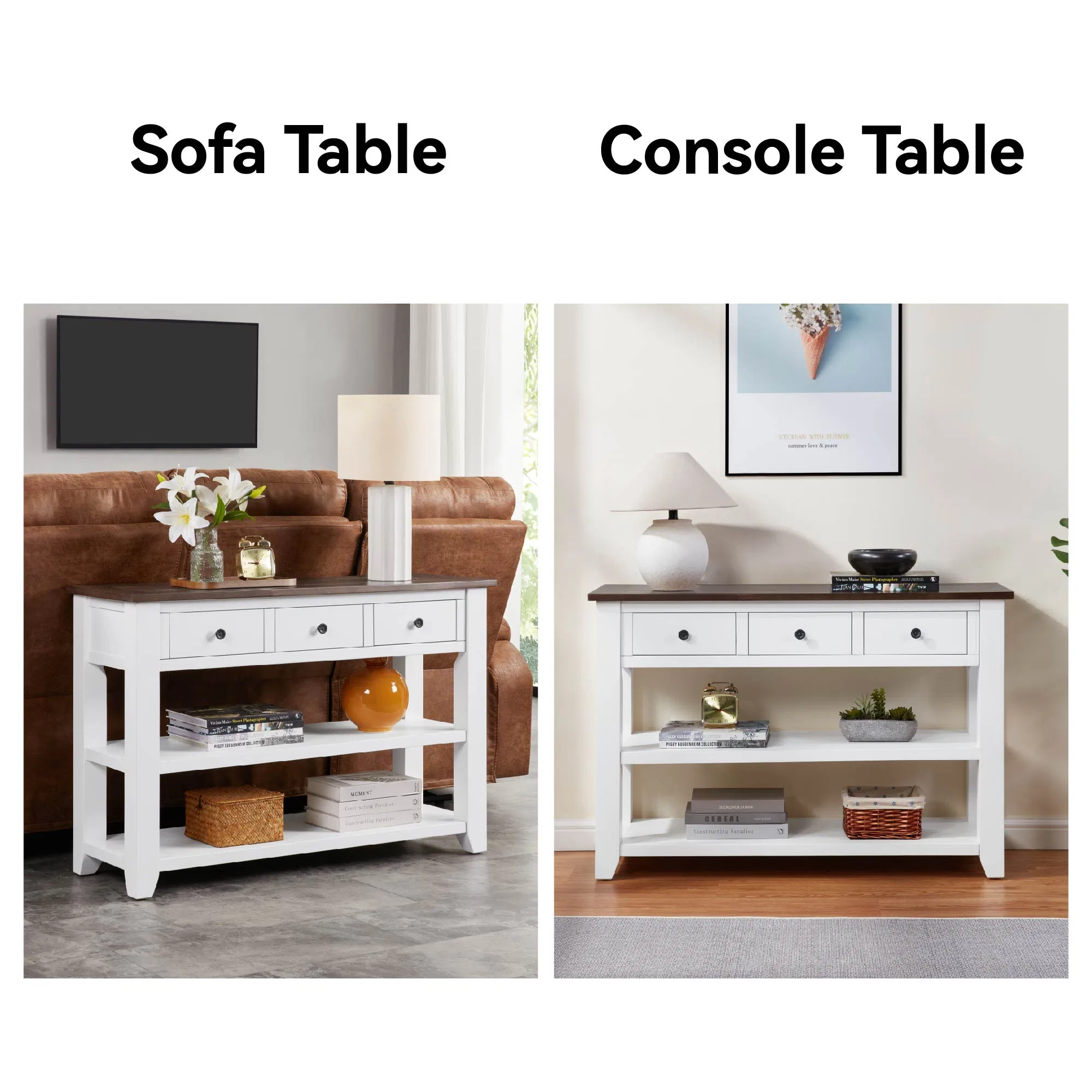 Two-Tone Console Table with Drawers and Shelves, 44" — storage feature infographic for drawers and shelves